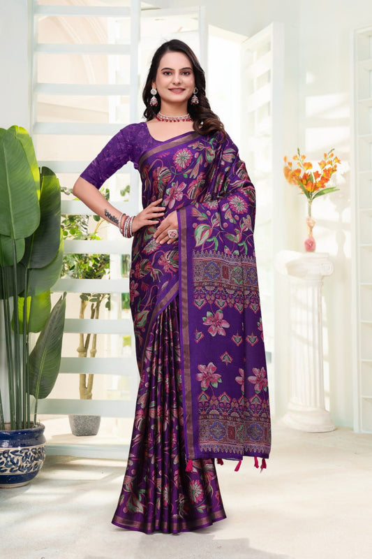 Royal Purple Floral Printed Mal Cotton Saree with Elegant Designer Pallu