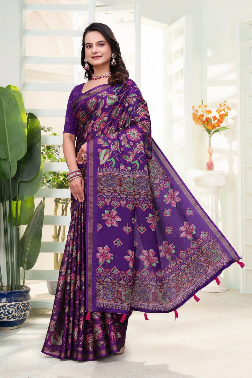 Royal Purple Floral Printed Mal Cotton Saree with Elegant Designer Pallu