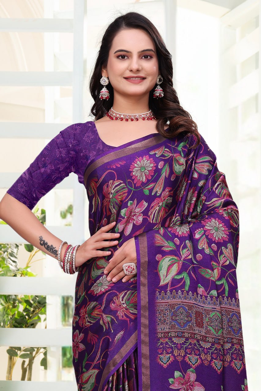 Royal Purple Floral Printed Mal Cotton Saree with Elegant Designer Pallu
