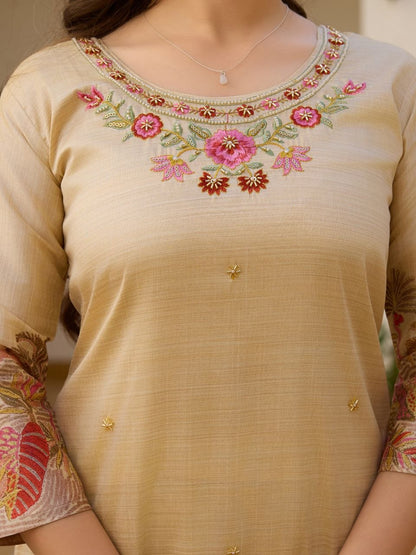 Premium Cream Embroidered Premium Vichitra Silk Straight Kurta Set