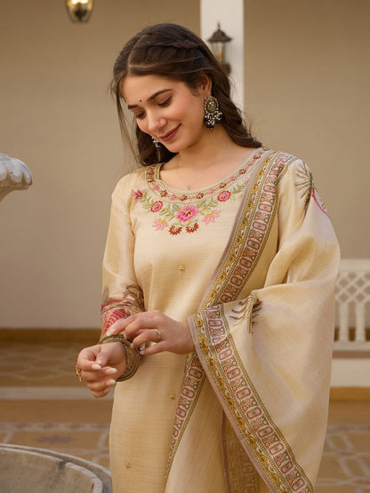 Premium Cream Embroidered Premium Vichitra Silk Straight Kurta Set