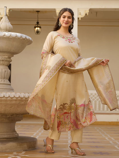 Premium Cream Embroidered Premium Vichitra Silk Straight Kurta Set