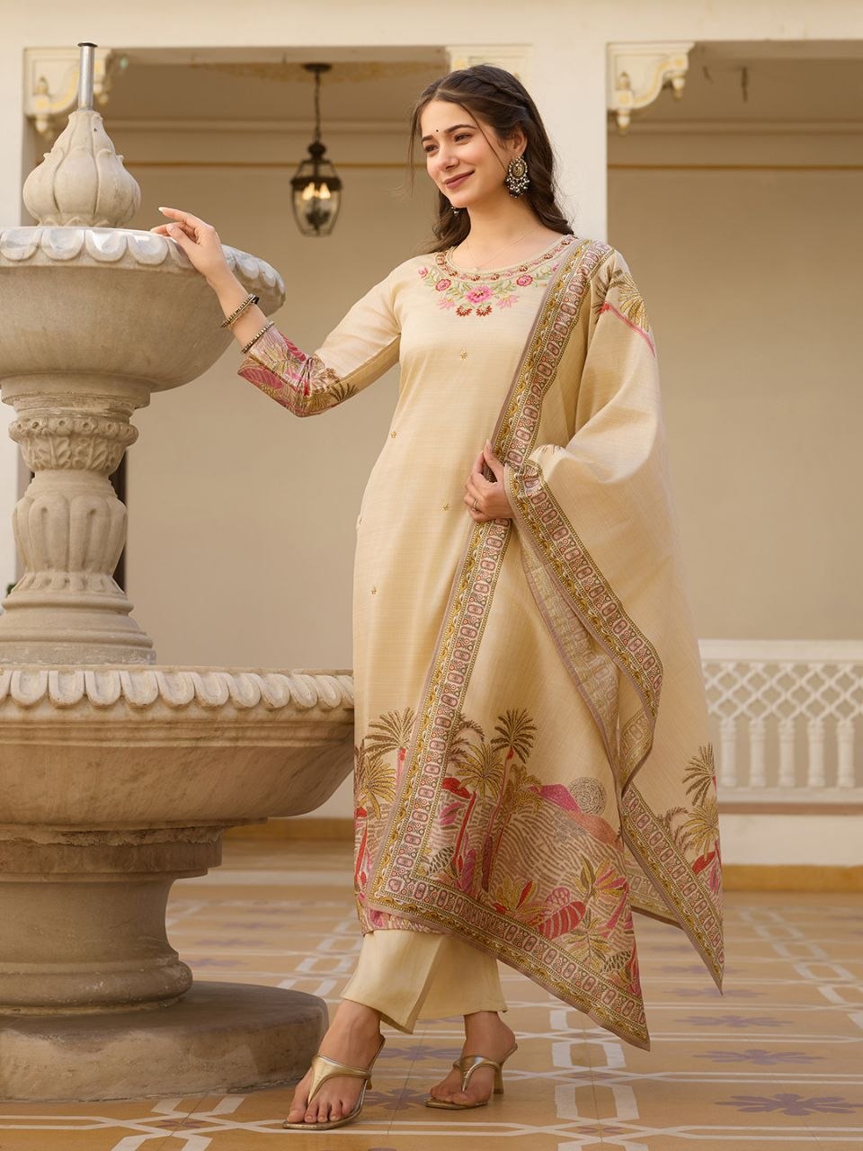 Premium Cream Embroidered Premium Vichitra Silk Straight Kurta Set