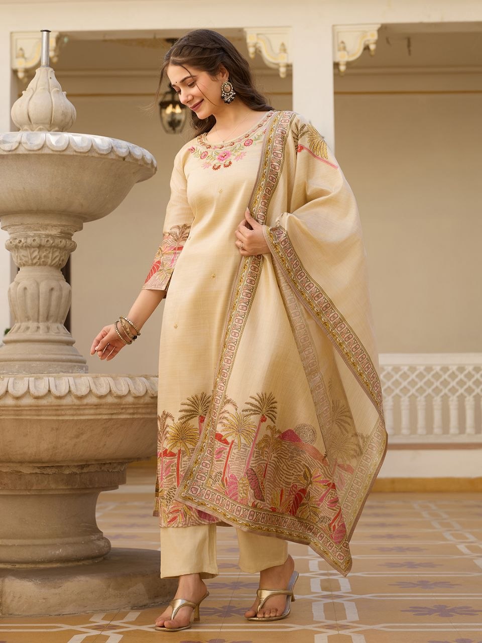 Premium Cream Embroidered Premium Vichitra Silk Straight Kurta Set