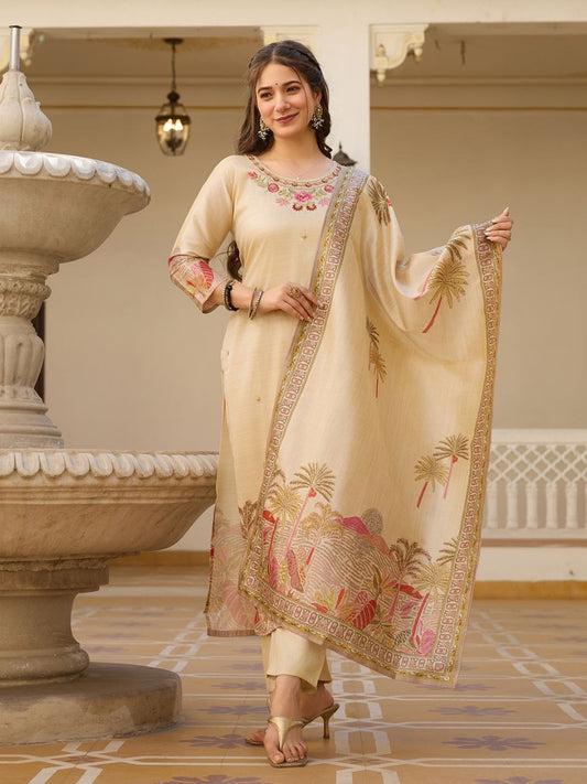 Premium Cream Embroidered Premium Vichitra Silk Straight Kurta Set