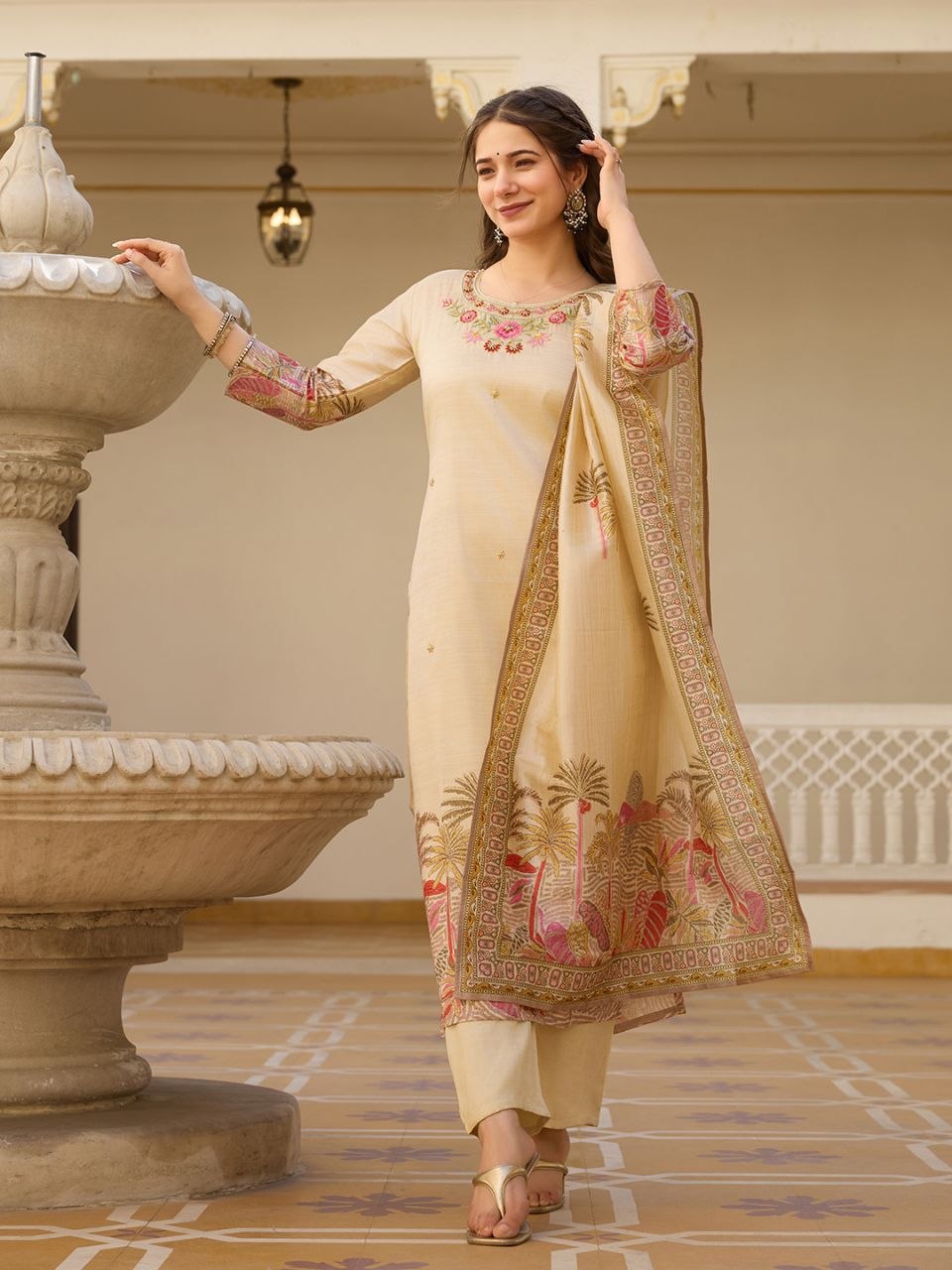Premium Cream Embroidered Premium Vichitra Silk Straight Kurta Set