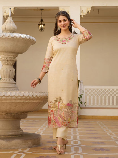 Premium Cream Embroidered Premium Vichitra Silk Straight Kurta Set