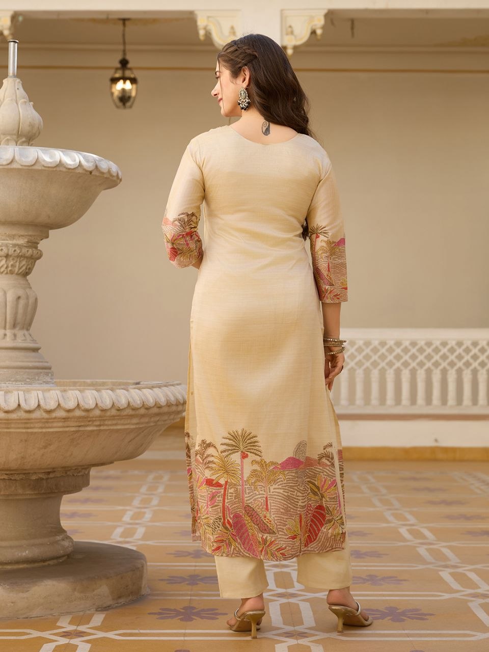 Premium Cream Embroidered Premium Vichitra Silk Straight Kurta Set