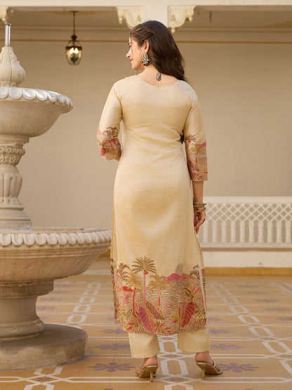 Premium Cream Embroidered Premium Vichitra Silk Straight Kurta Set