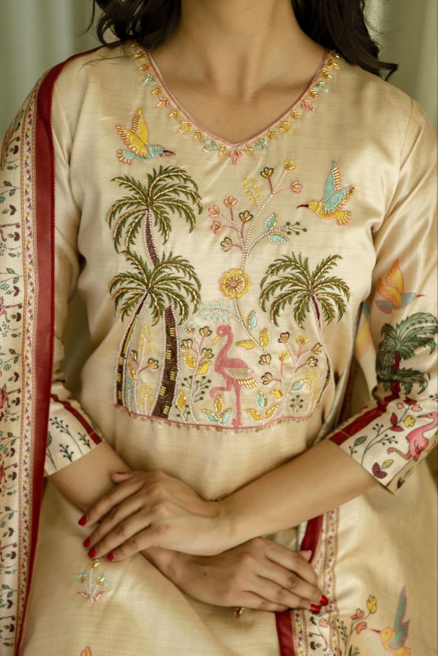 Graceful Beige Tropical Print Kurta Set with Contrast Dupatta