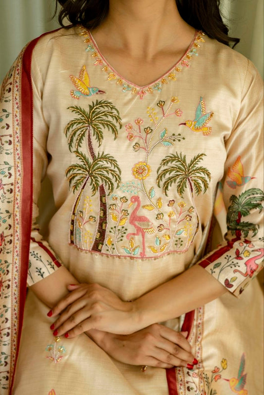 Graceful Beige Tropical Print Kurta Set with Contrast Dupatta