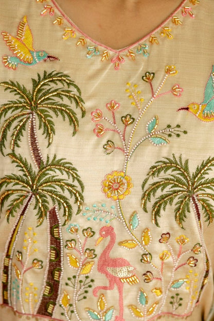 Graceful Beige Tropical Print Kurta Set with Contrast Dupatta