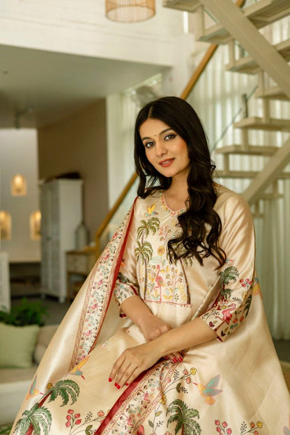 Graceful Beige Tropical Print Kurta Set with Contrast Dupatta