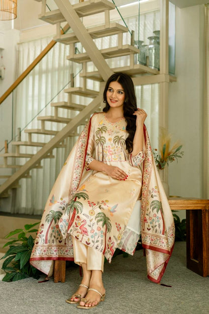 Graceful Beige Tropical Print Kurta Set with Contrast Dupatta