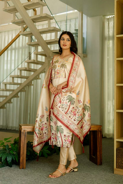 Graceful Beige Tropical Print Kurta Set with Contrast Dupatta
