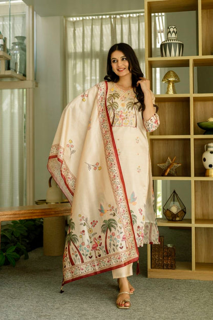 Graceful Beige Tropical Print Kurta Set with Contrast Dupatta