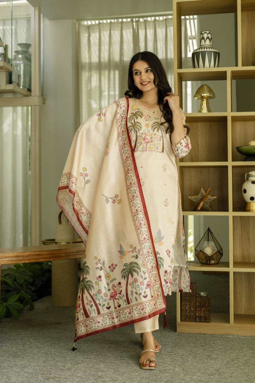 Graceful Beige Tropical Print Kurta Set with Contrast Dupatta