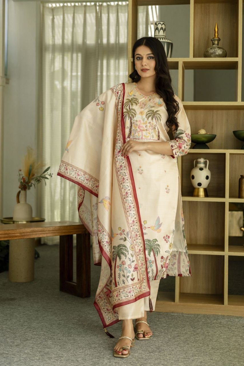 Graceful Beige Tropical Print Kurta Set with Contrast Dupatta