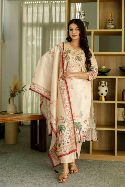 Graceful Beige Tropical Print Kurta Set with Contrast Dupatta