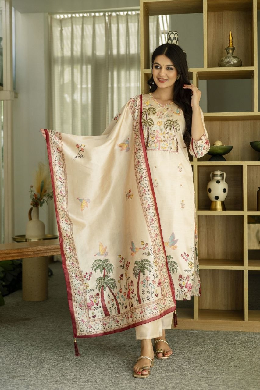 Graceful Beige Tropical Print Kurta Set with Contrast Dupatta