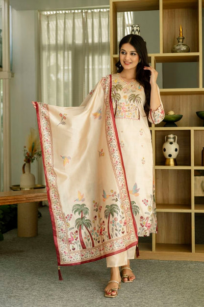 Graceful Beige Tropical Print Kurta Set with Contrast Dupatta