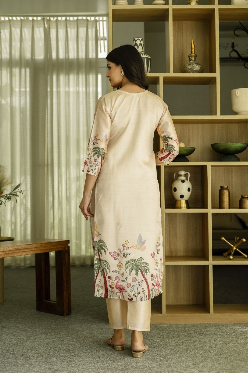 Graceful Beige Tropical Print Kurta Set with Contrast Dupatta