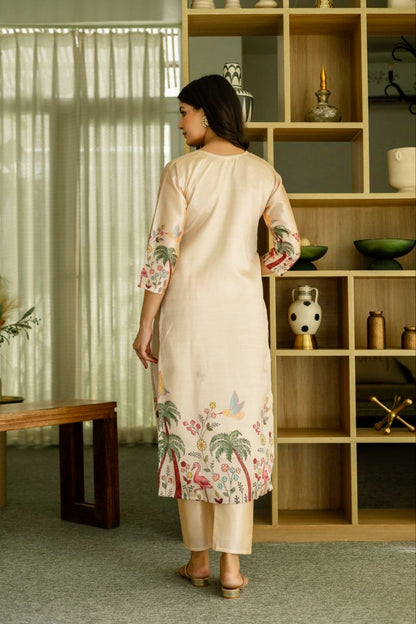 Graceful Beige Tropical Print Kurta Set with Contrast Dupatta