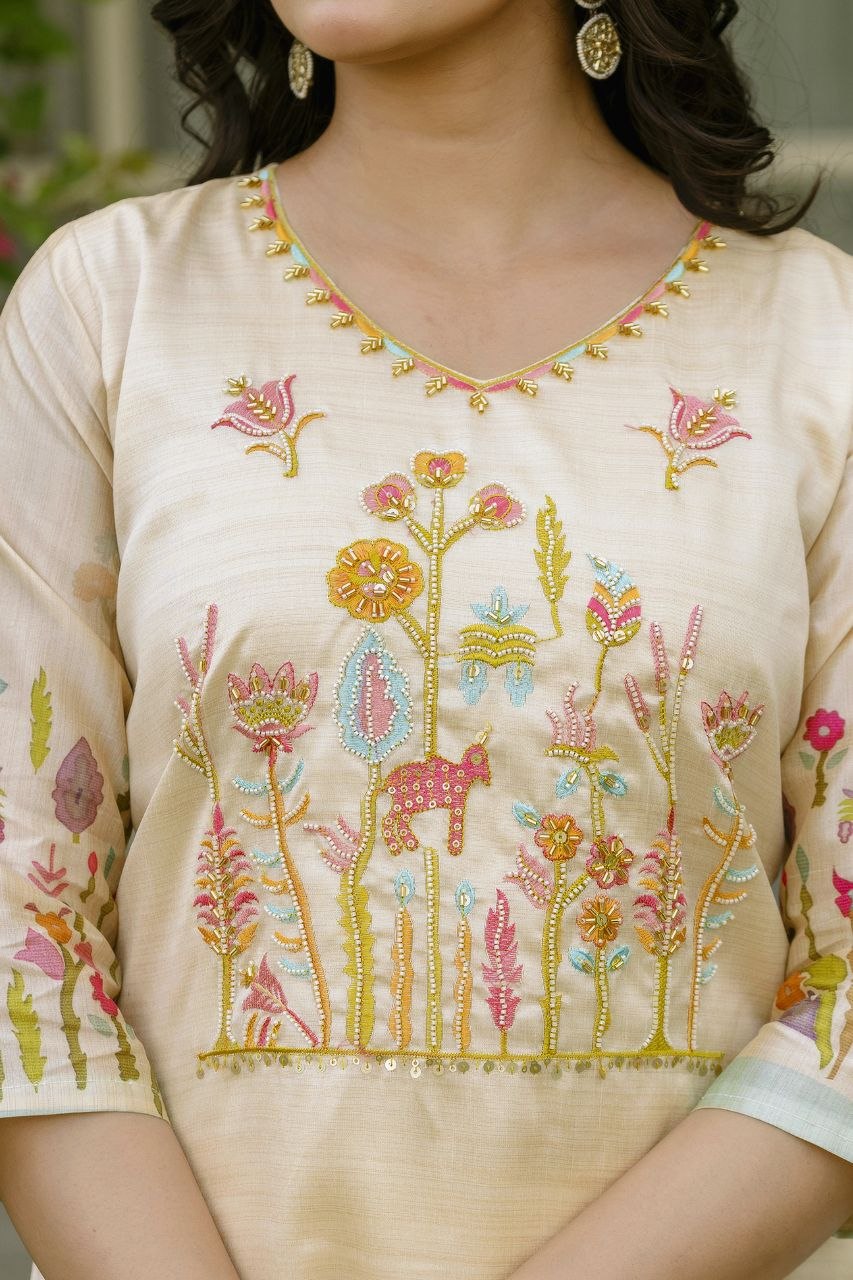 Elegant Ivory Floral Embroidered Kurta Set with Matching Dupatta
