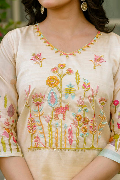 Elegant Ivory Floral Embroidered Kurta Set with Matching Dupatta