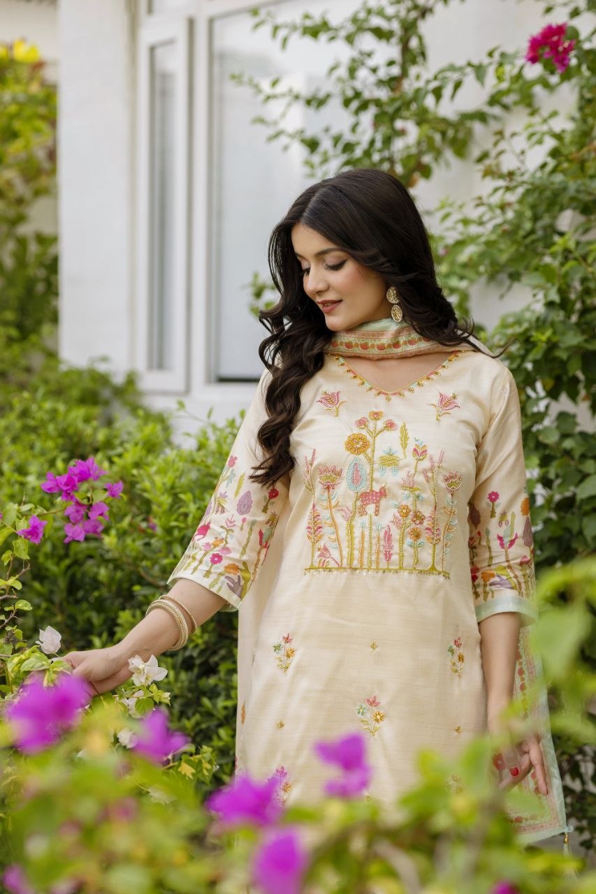 Elegant Ivory Floral Embroidered Kurta Set with Matching Dupatta
