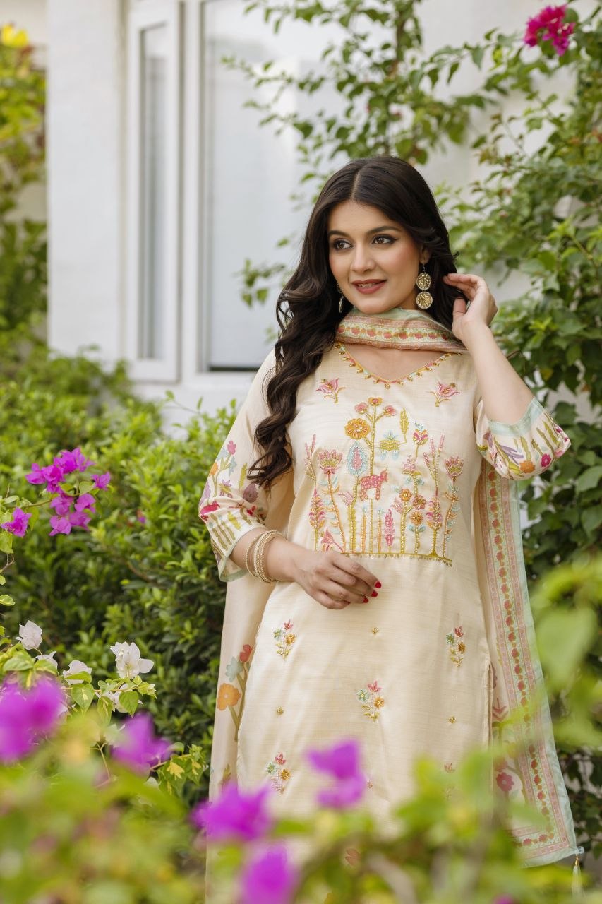 Elegant Ivory Floral Embroidered Kurta Set with Matching Dupatta