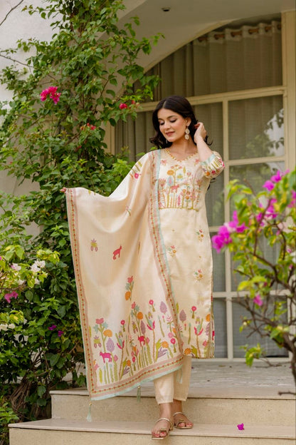 Elegant Ivory Floral Embroidered Kurta Set with Matching Dupatta