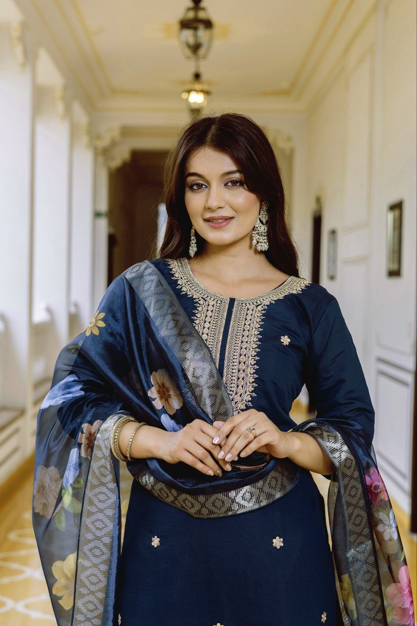 Magic Navy Blue Embroidered Kurta Set with Floral Organza Dupatta