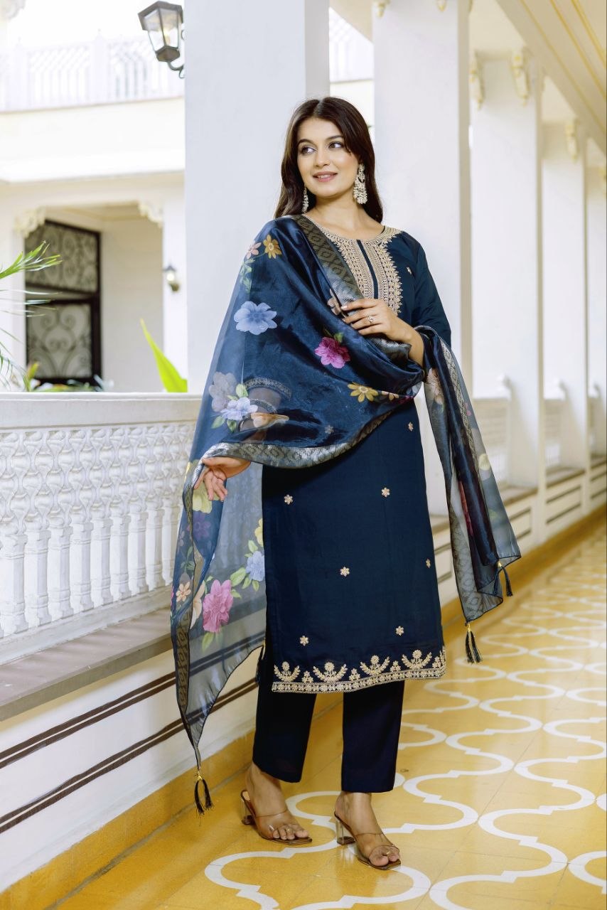 Magic Navy Blue Embroidered Kurta Set with Floral Organza Dupatta