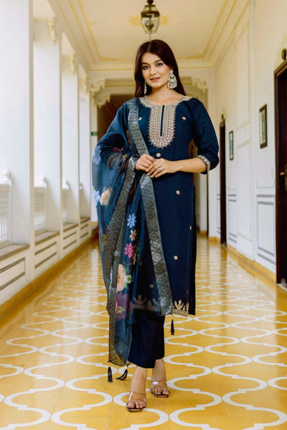Magic Navy Blue Embroidered Kurta Set with Floral Organza Dupatta