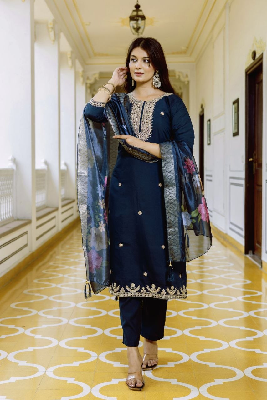 Magic Navy Blue Embroidered Kurta Set with Floral Organza Dupatta