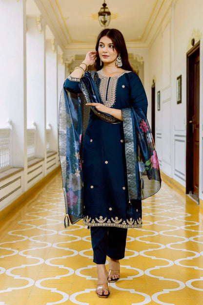 Magic Navy Blue Embroidered Kurta Set with Floral Organza Dupatta