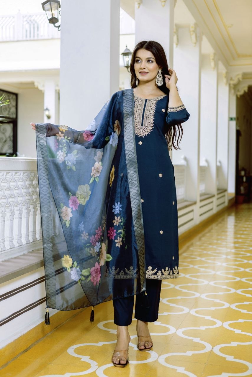 Magic Navy Blue Embroidered Kurta Set with Floral Organza Dupatta
