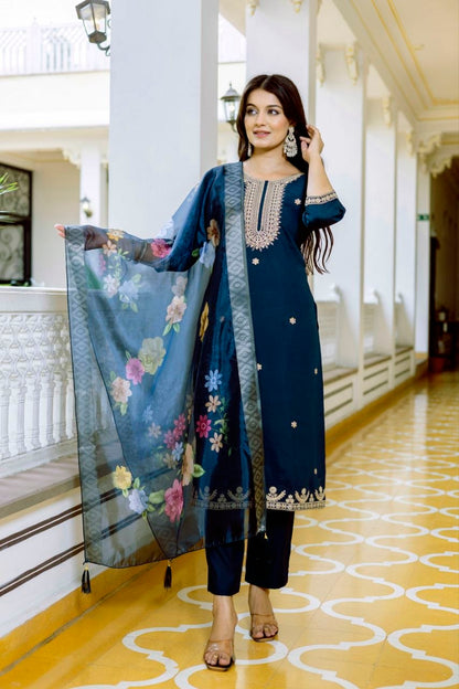 Magic Navy Blue Embroidered Kurta Set with Floral Organza Dupatta
