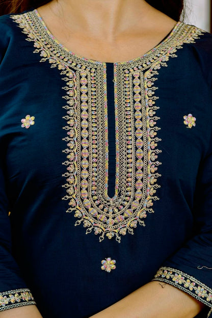 Magic Navy Blue Embroidered Kurta Set with Floral Organza Dupatta