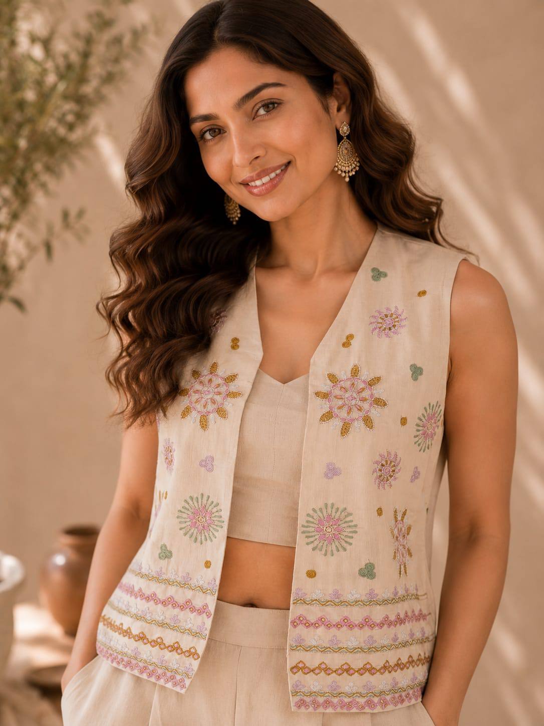 Graceful Cream Embroidered Jacket Co-Ord Set