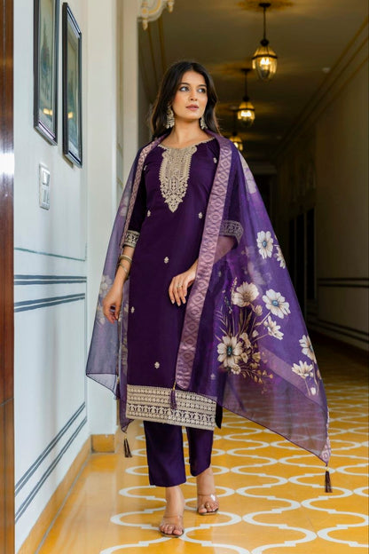 Majestic Royal Purple Embroidered Suit Set with Floral Organza Dupatta
