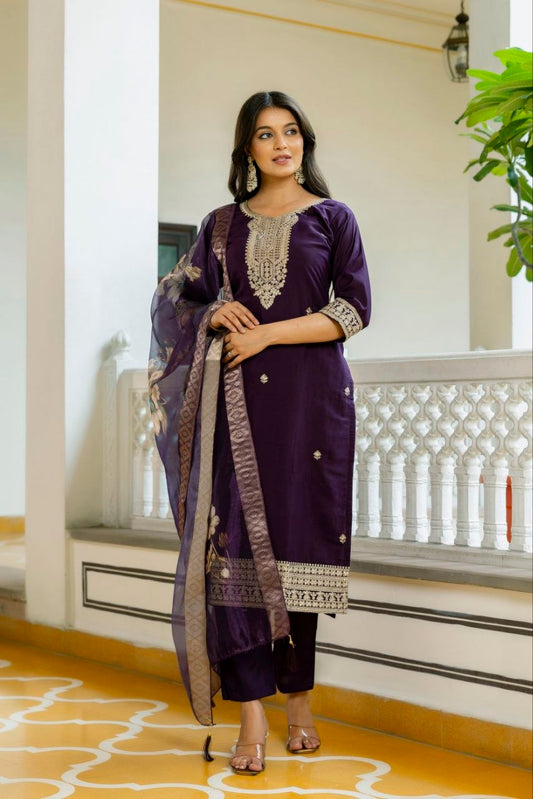 Majestic Royal Purple Embroidered Suit Set with Floral Organza Dupatta