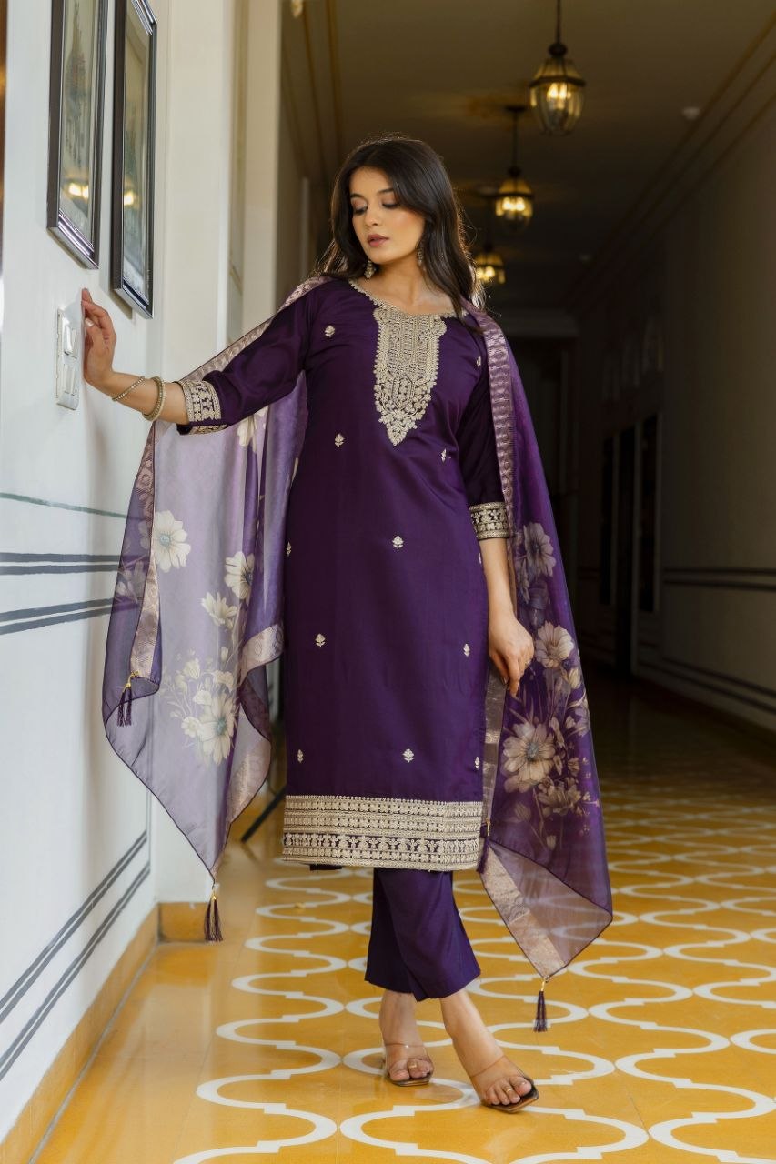 Majestic Royal Purple Embroidered Suit Set with Floral Organza Dupatta