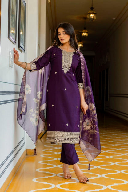 Majestic Royal Purple Embroidered Suit Set with Floral Organza Dupatta