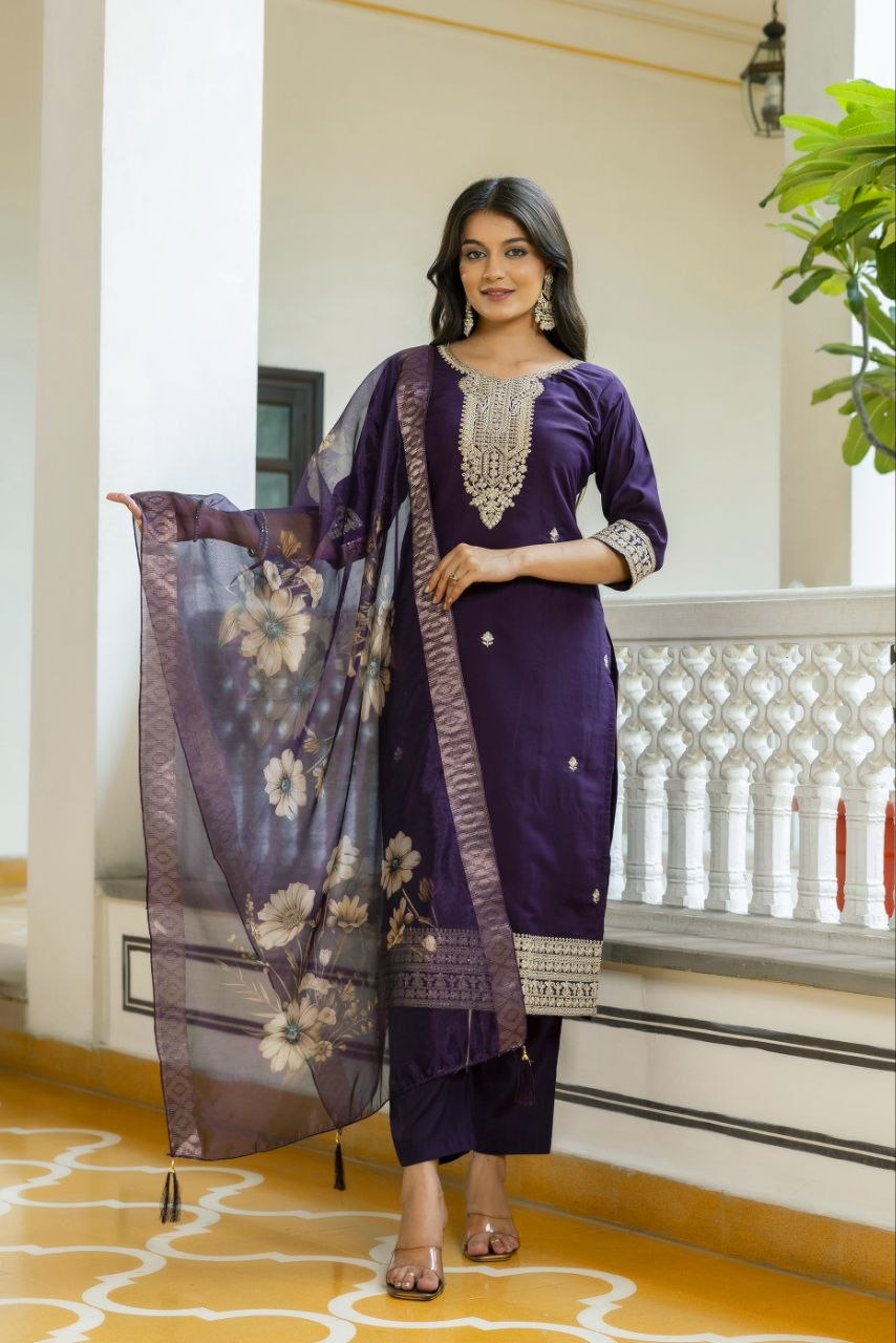 Majestic Royal Purple Embroidered Suit Set with Floral Organza Dupatta