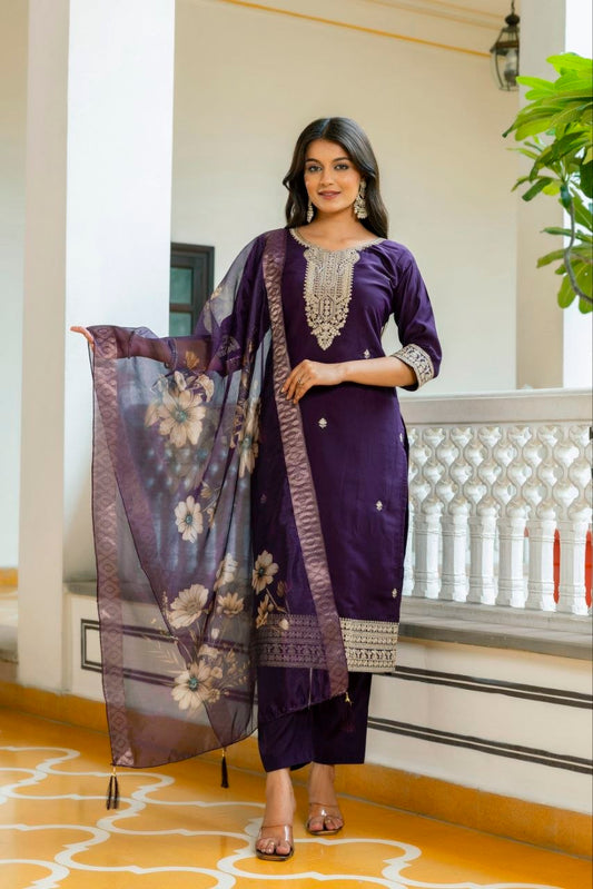 Majestic Royal Purple Embroidered Suit Set with Floral Organza Dupatta