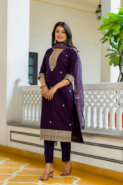 Majestic Royal Purple Embroidered Suit Set with Floral Organza Dupatta