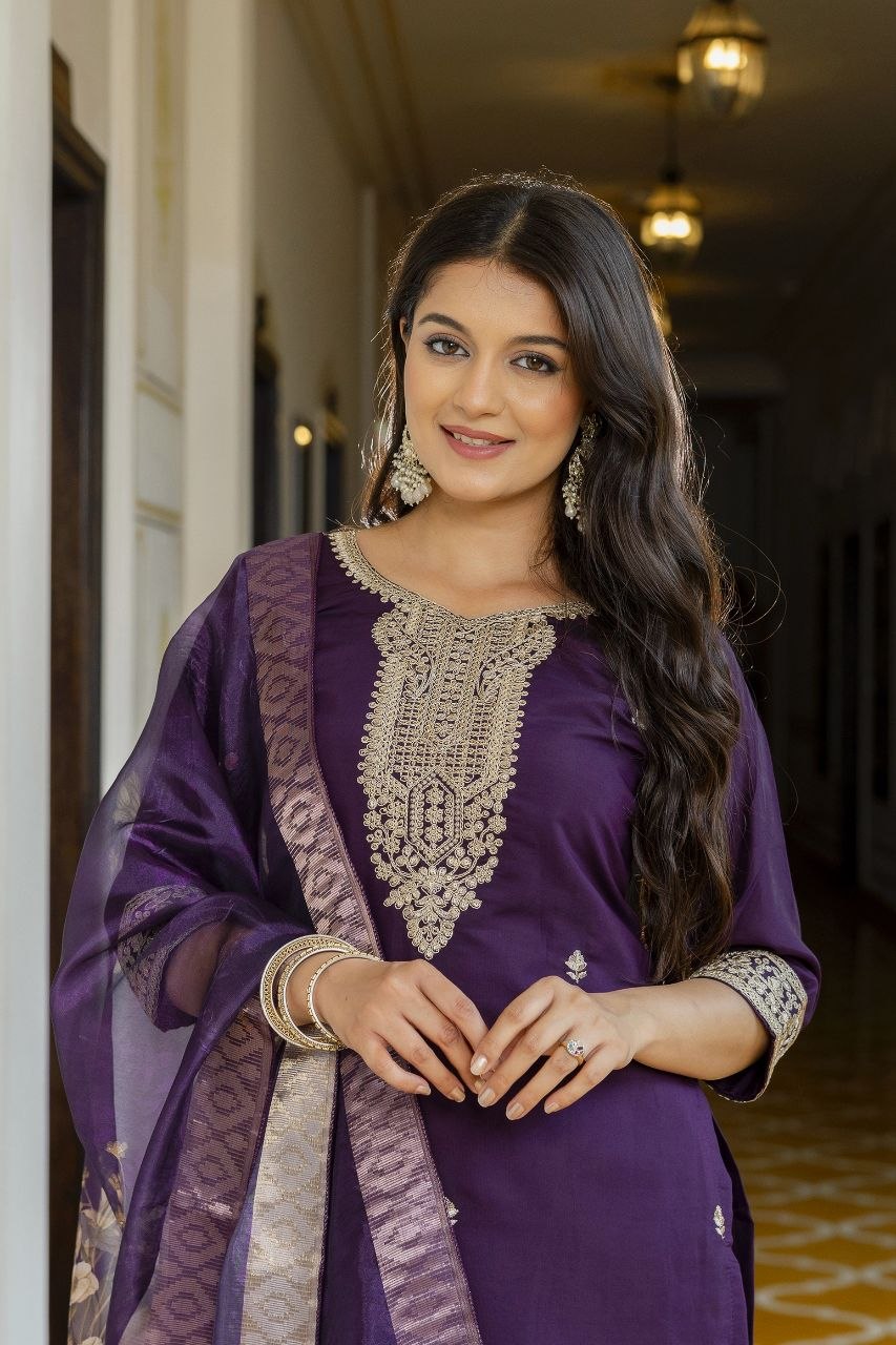 Majestic Royal Purple Embroidered Suit Set with Floral Organza Dupatta