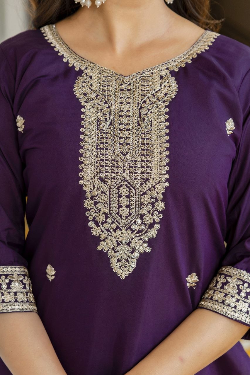 Majestic Royal Purple Embroidered Suit Set with Floral Organza Dupatta